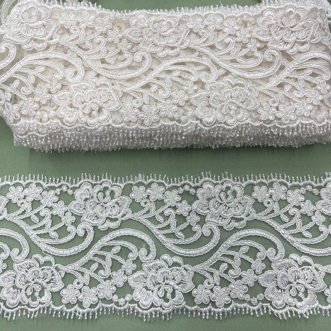 1 Yard 4″ Wide Corded Double Sided Lace Trimming on 100% Polyester Net Mesh
